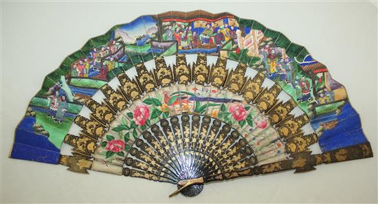 A Chinese applique work painted leaf and gilt decorated black lacquer fan, 19th century, 31cm